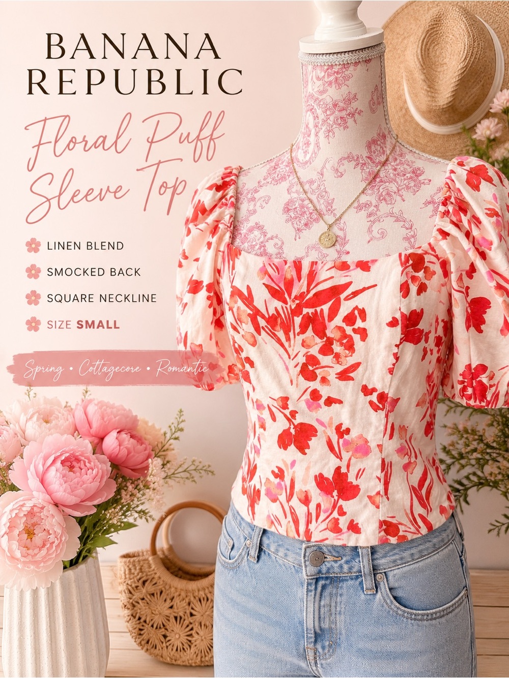 Banana Republic Floral Puff Sleeve Square Neck Linen Blend Top Size Small